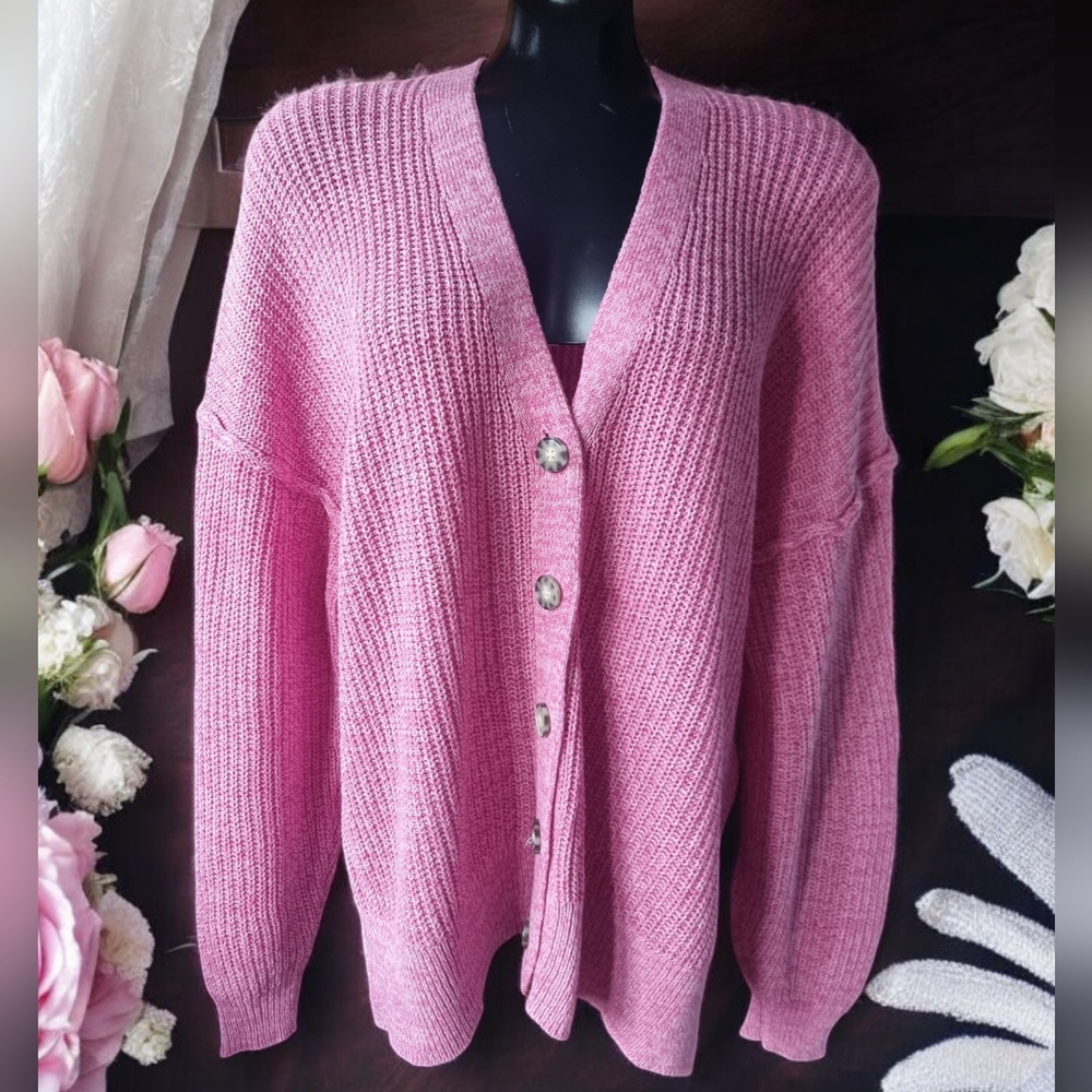 BDG Oversized Drop Shoulder Button Down V-Neck Cotton Blend Cardigan